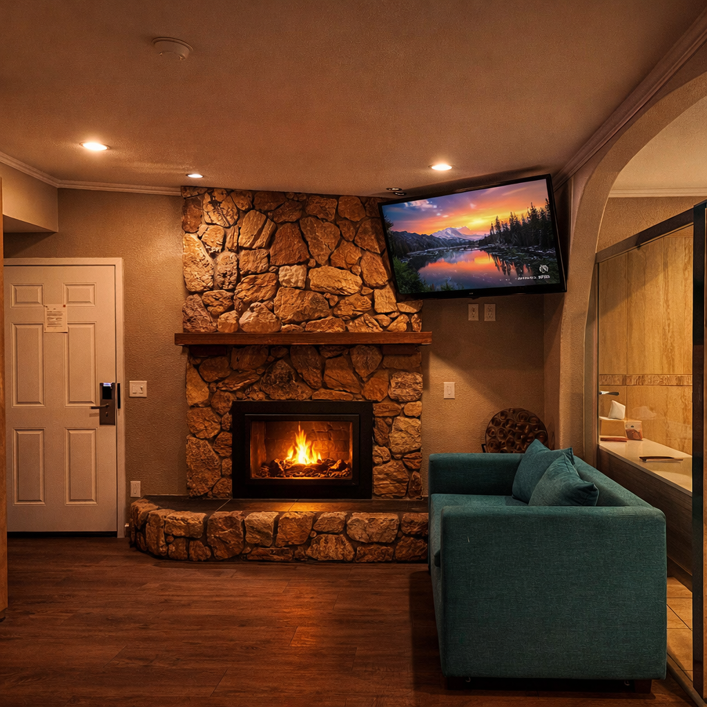 Deluxe King Jacuzzi Suite fireplace with patterned armchairs